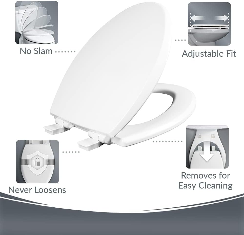 Mayfair Cassel slow close toilet seat, easy clean non-slip premium wood seat, install, made in USA, elongated, white