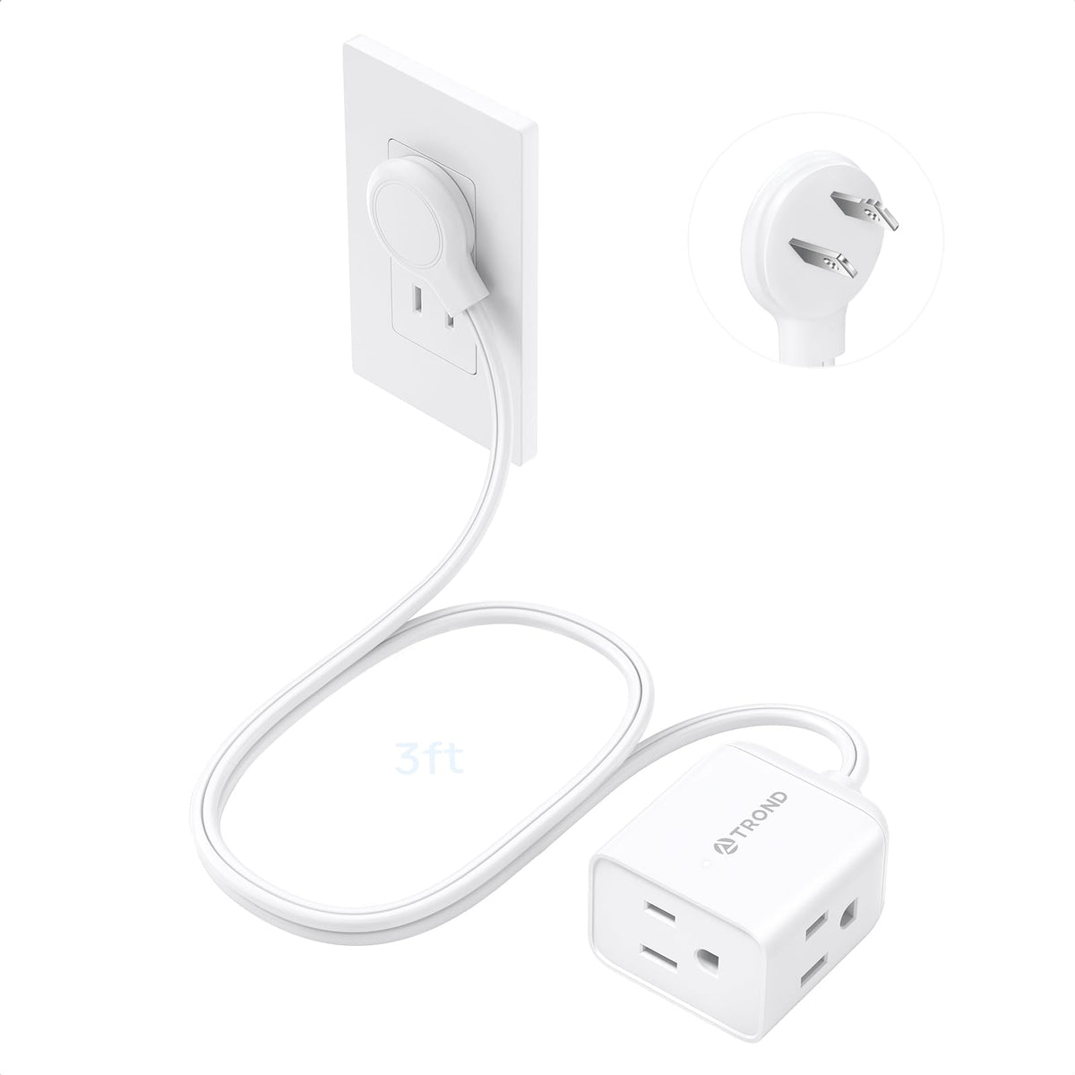 TROND Rightward Flat Plug Extension Cord 6ft for Small Tight Spaces, White