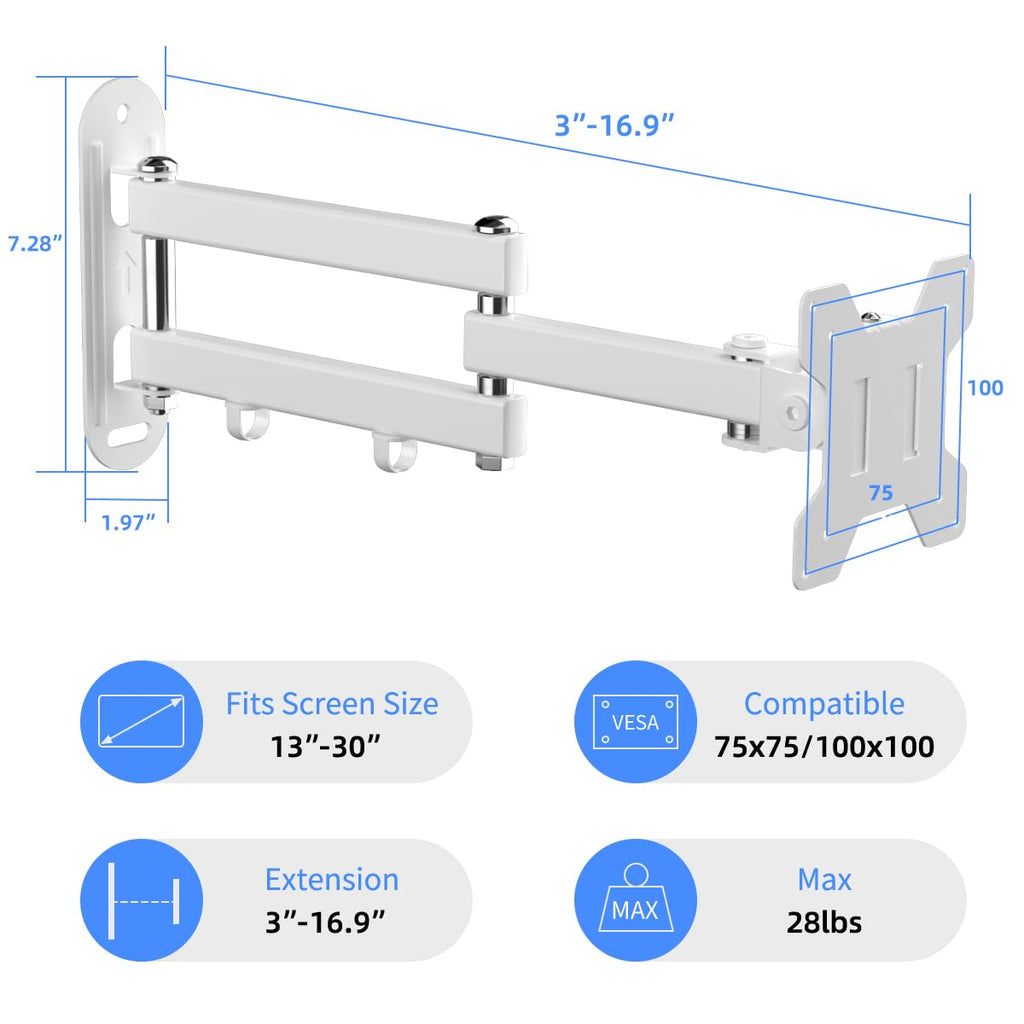 Suptek Full Motion TV Wall Mount Bracket for Most 13-30 inch TVs and Monitors, Flat and Curved TVs up to 28lbs, Tilt Swivel and 16.9 inch Extension, Max VESA 100x100mm, Black, MA2776