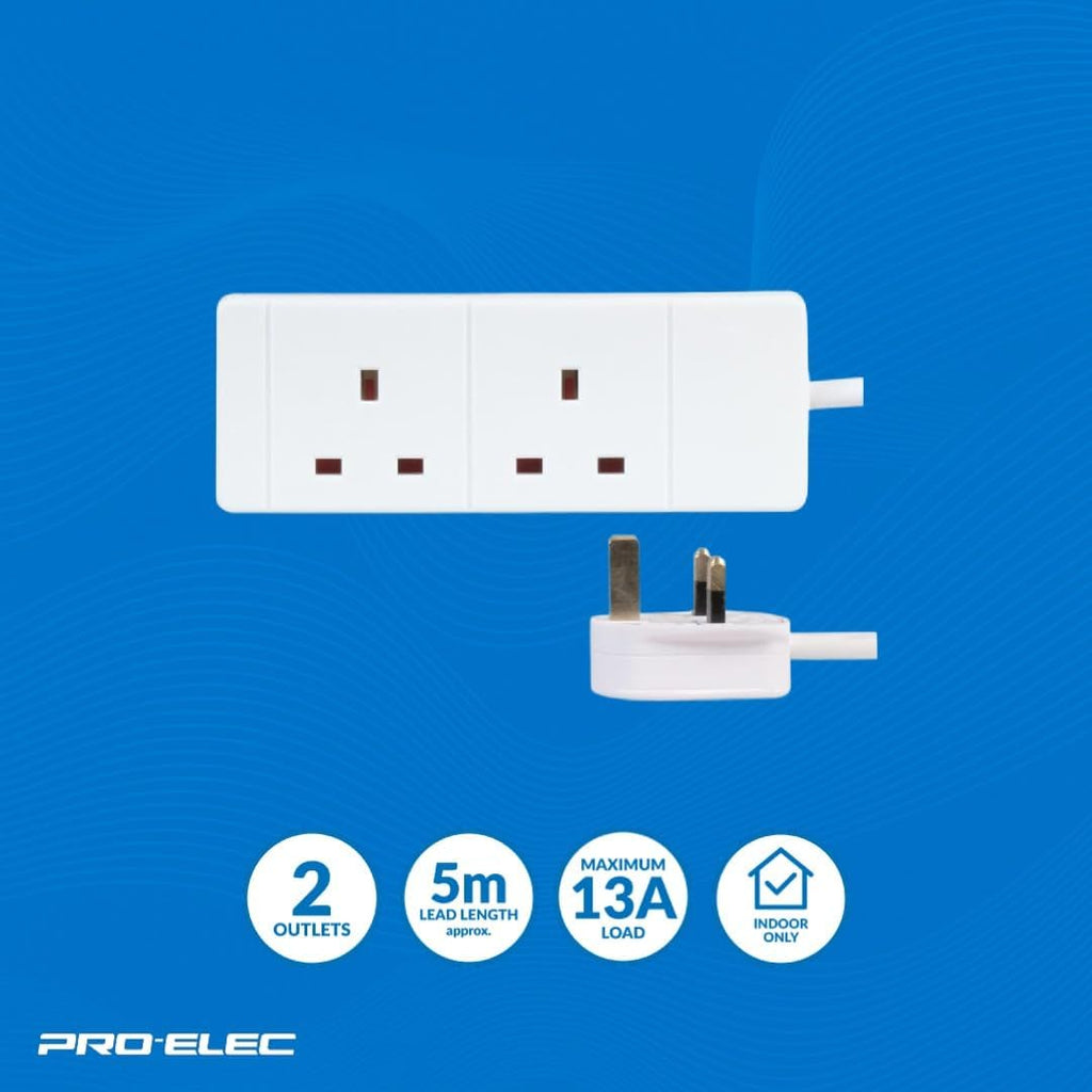 Pro Elec 2 Gang 5m Slim White Extension Lead, BS1363/A Compliant