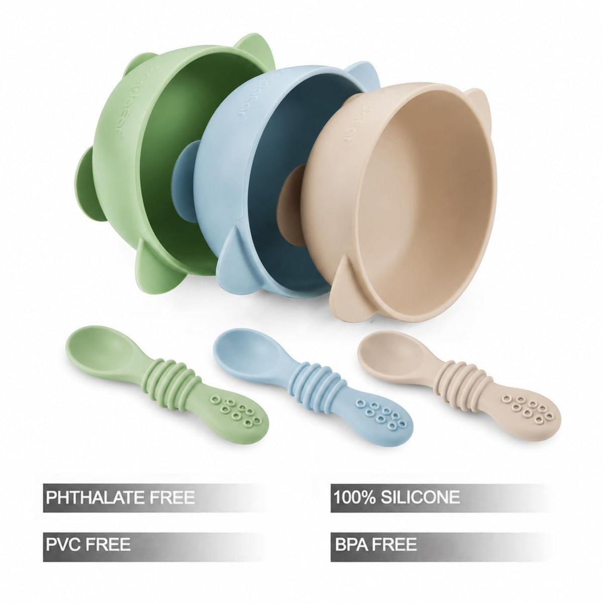 PandaEar 3 Pack Baby Suction Bowls with 3 Spoons, Stay Put Silicone Food Bowl Babies Led Weaning Supplies for Kids Toddlers, BPA-Free (Linen Brown Tan)