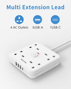 3M 4 Way Extension Lead with 4 USB Slots (1 USB-C + 3 USB-A), Mscien White Wall-Mounted Extension Socket with Switch and LED Indicator for Living Room, Bedroom, Kitchen, Office