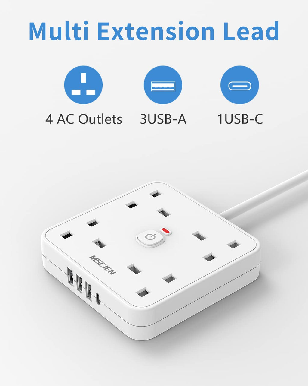 3M 4 Way Extension Lead with 4 USB Slots (1 USB-C + 3 USB-A), Mscien White Wall-Mounted Extension Socket with Switch and LED Indicator for Living Room, Bedroom, Kitchen, Office