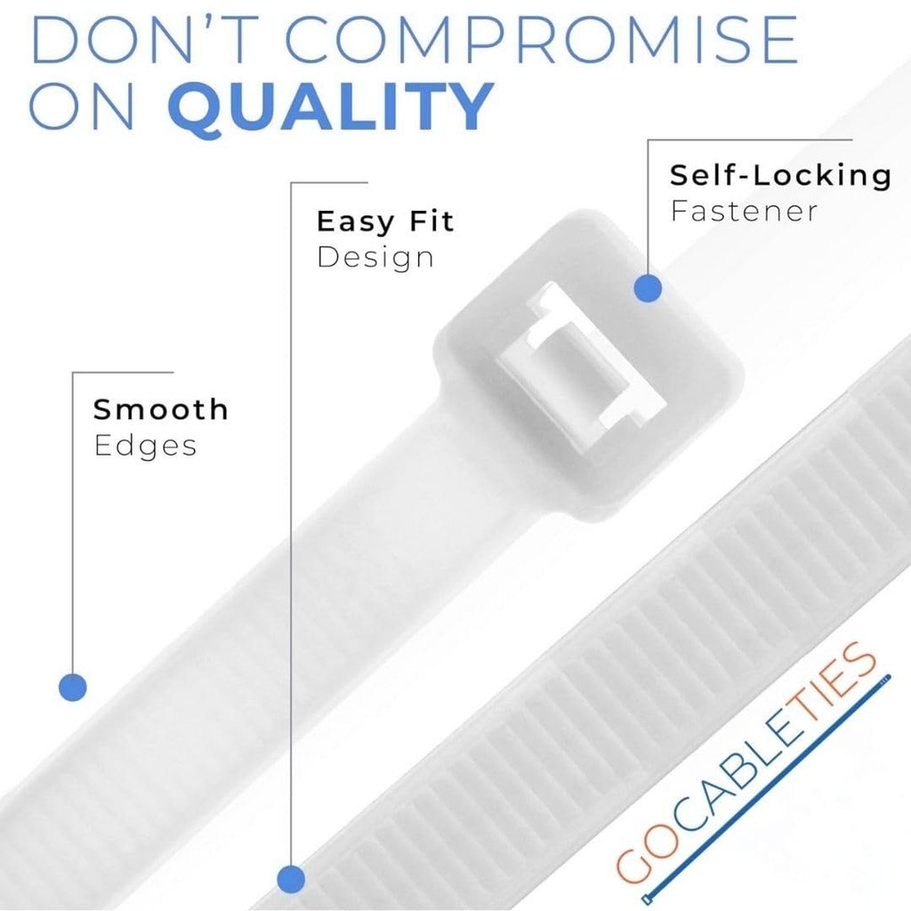 Gocableties White Cable Ties, 300mm x 3.6mm, Pack of 100, 12" Premium Nylon Zip Ties Clear/Natural, Multi-Purpose Plastic Tie Wraps, Secure Self-Locking Mechanism, for Home, Garden, Office and DIY