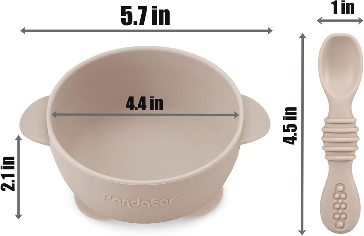 PandaEar 3 Pack Baby Suction Bowls with 3 Spoons, Stay Put Silicone Food Bowl Babies Led Weaning Supplies for Kids Toddlers, BPA-Free (Linen Brown Tan)