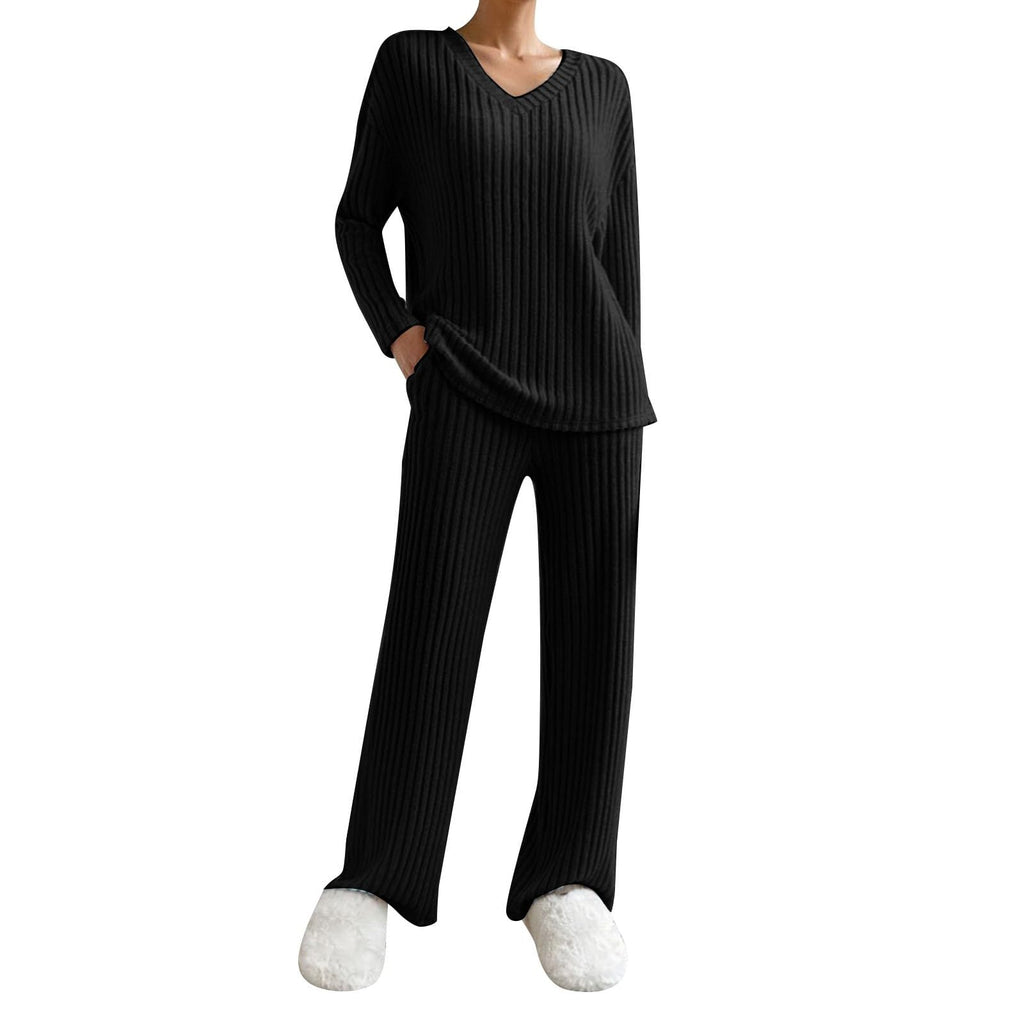 Lounge Wear Sets For Women Uk, Womens Pyjamas Set Long, Ladies Ribbed Loungewear Knit Outfits Womens Tracksuits 2 Piece Set V Neck Casual Casual Homewear