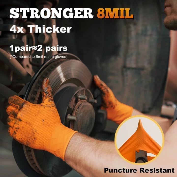 TitanFlex Heavy Duty Industrial Orange Nitrile Gloves, 8-mil, Gloves Disposable Latex Free with Raised Diamond Texture Grip, Powder Free, Rubber Glove, Mechanic Gloves,50-ct Box (Small)