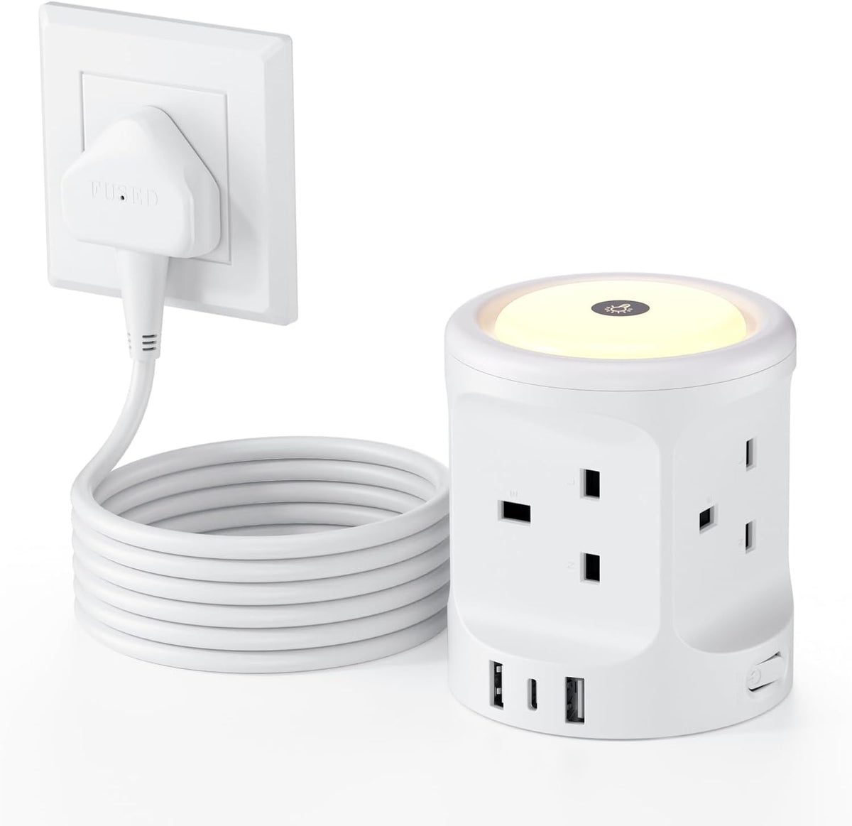 Extension Lead with USB Slots and Night Light, 4 Way (13A/3250W) Multi Plug Extension Cords & 3 USB Ports, Surge Protected Extension Lead with Switches, 2M Extension Cable for Home Dorm Office
