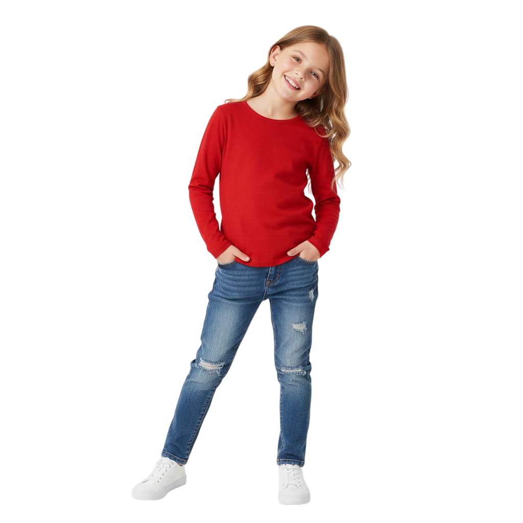 Kids Girls Boys New Plain Long Sleeve Basic Stretch Round Neck T-Shirt School Tee Top Size 2-13 Years