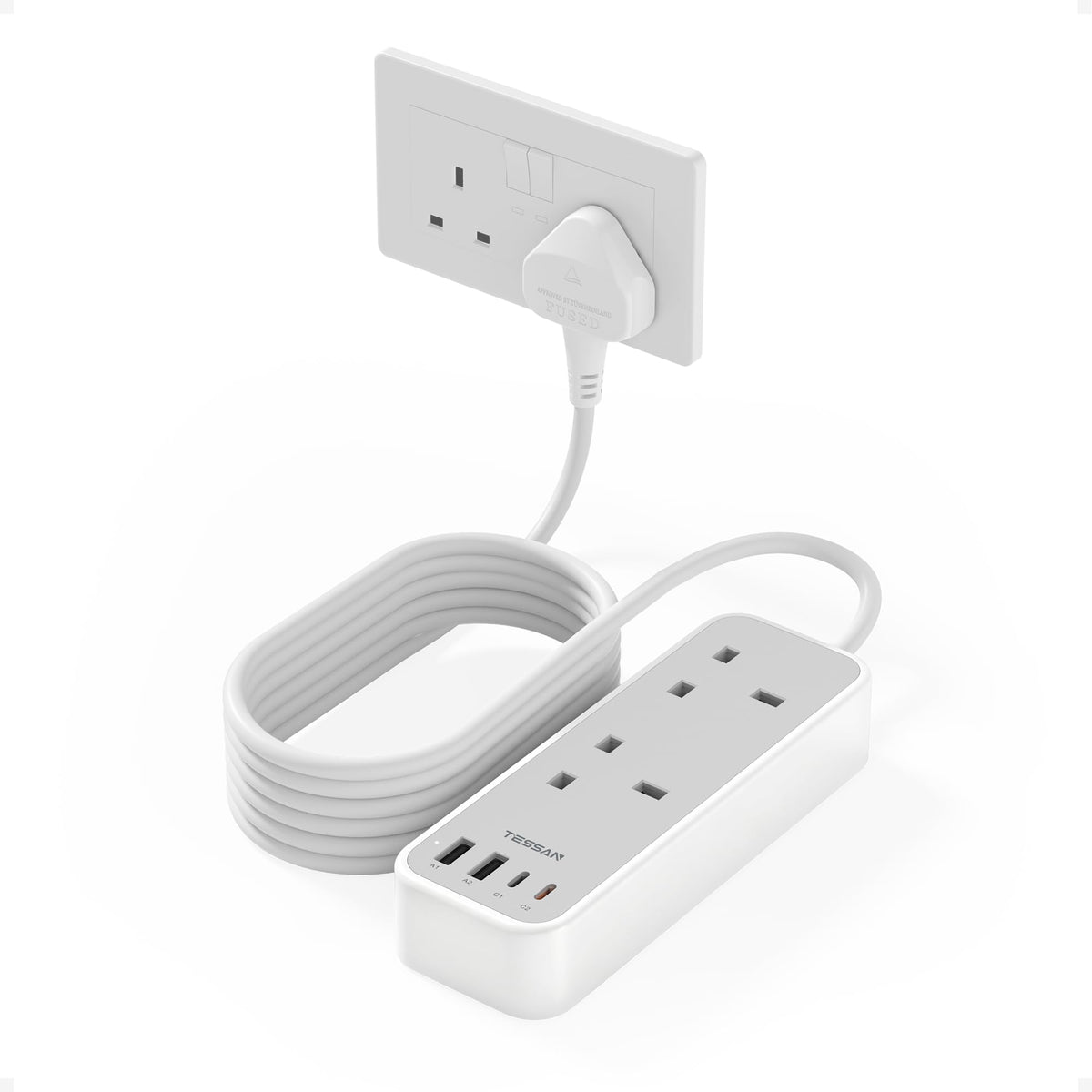TESSAN 10M Long Extension Lead with PD 20W USB C Charger (4 USB Slots)