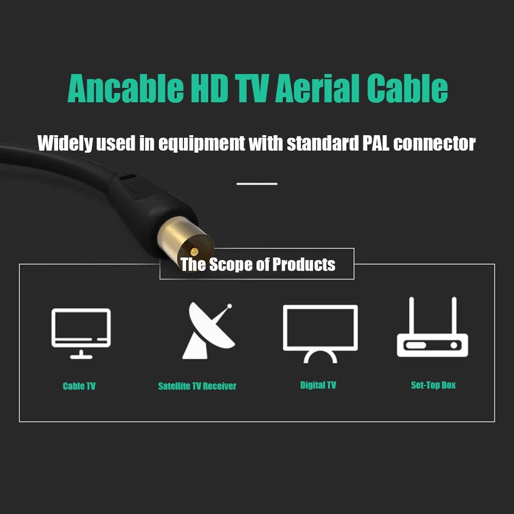 Ancable TV Aerial Cable with Coaxial Adapter 1M White TV Ariel Lead