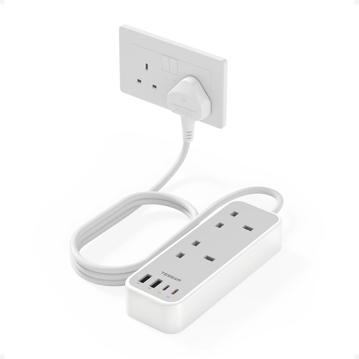 TESSAN 10M Long Extension Lead with PD 20W USB C Charger (4 USB Slots)
