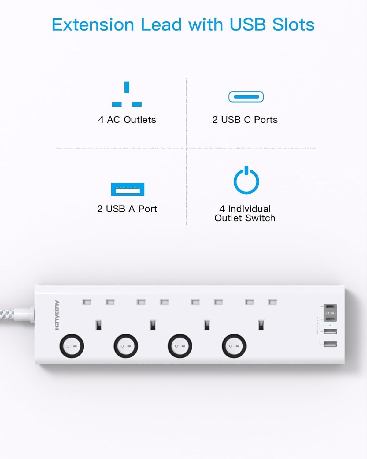 Black Extension Lead with 4 USB Slots(2 USB C), 4 Way Plug Extension Socket