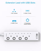Extension Lead with USB Slots(2 USB C), 4 Way Plug Extension Socket, 1.8M