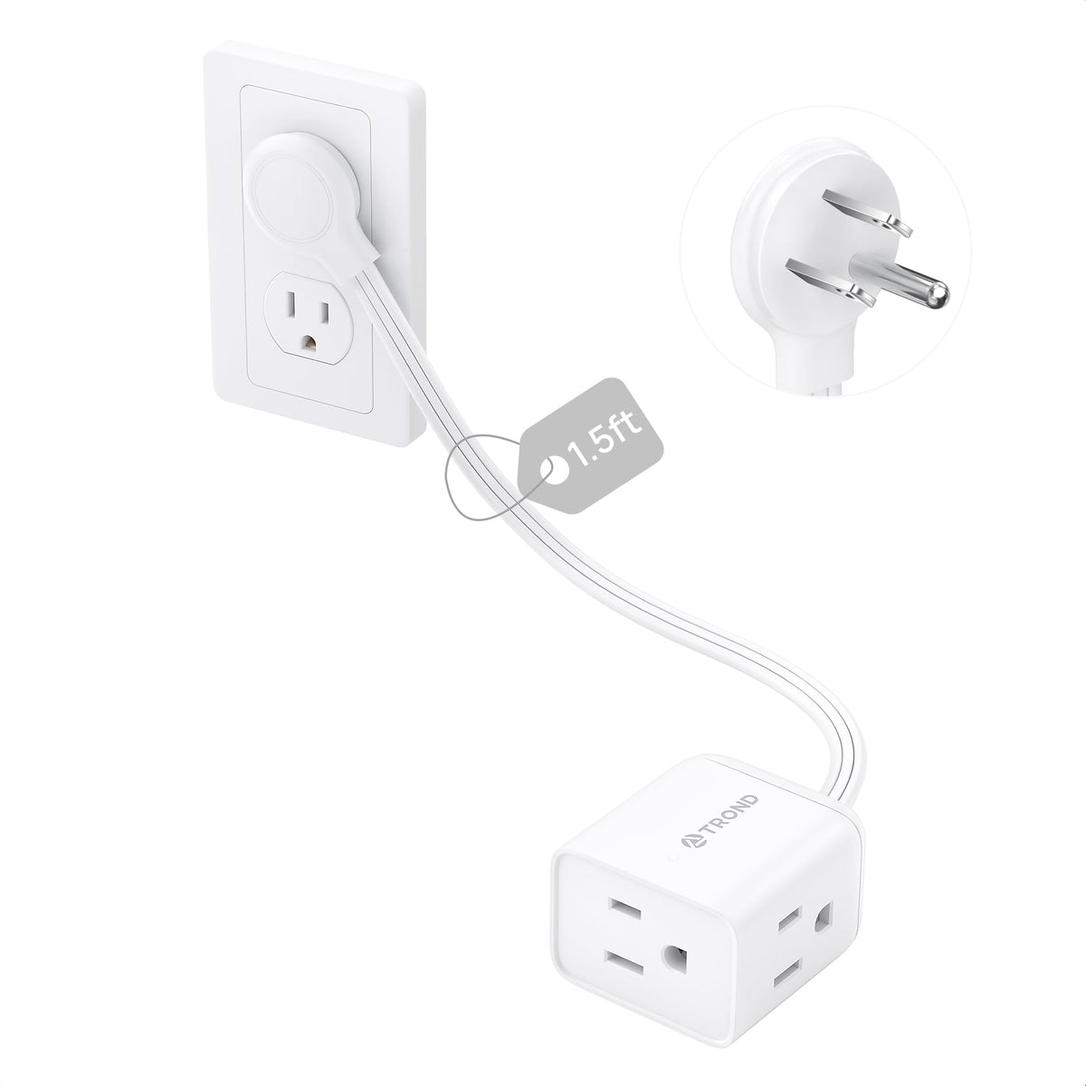 TROND Rightward Flat Plug Extension Cord 6ft for Small Tight Spaces, White