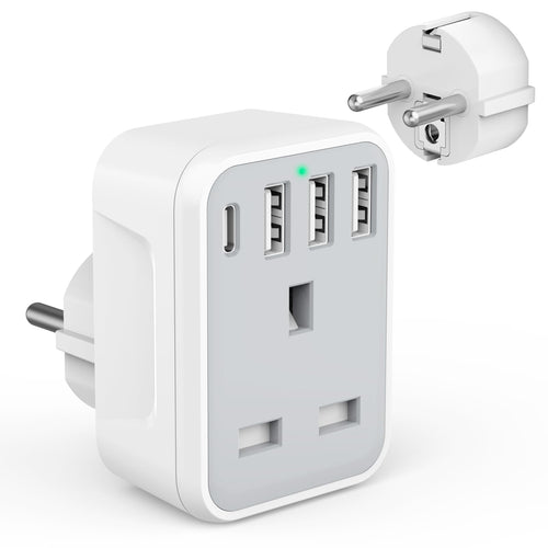 2 Pcak European to UK Plug Adaptor with 4 USB Ports(1 USB C), UK to EU Euro European Plug Adapter Grounded for Germany Spain France Iceland Greece Poland Netherlands Austria Turkey, etc (Type E/F)