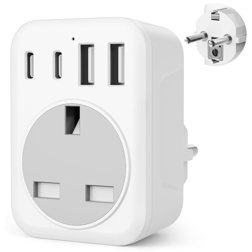 2 Pack UK To European Plug Adapter, 5 IN 1 European Travel Adaptor with 2 USB C & 2 USB A, EU Plug Adapter for Germany Spain France Turkey Greece etc (Type E/F)