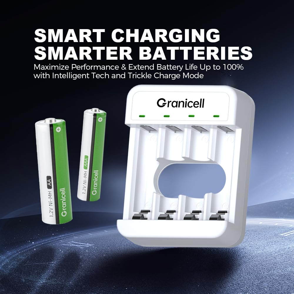 Granicell AA Rechargeable Batteries with Charger, 8 Slot Smart Battery Charger with 8 Pcs 2800mAh High Capacity NiMH AA Batteries, USB Smart Charging