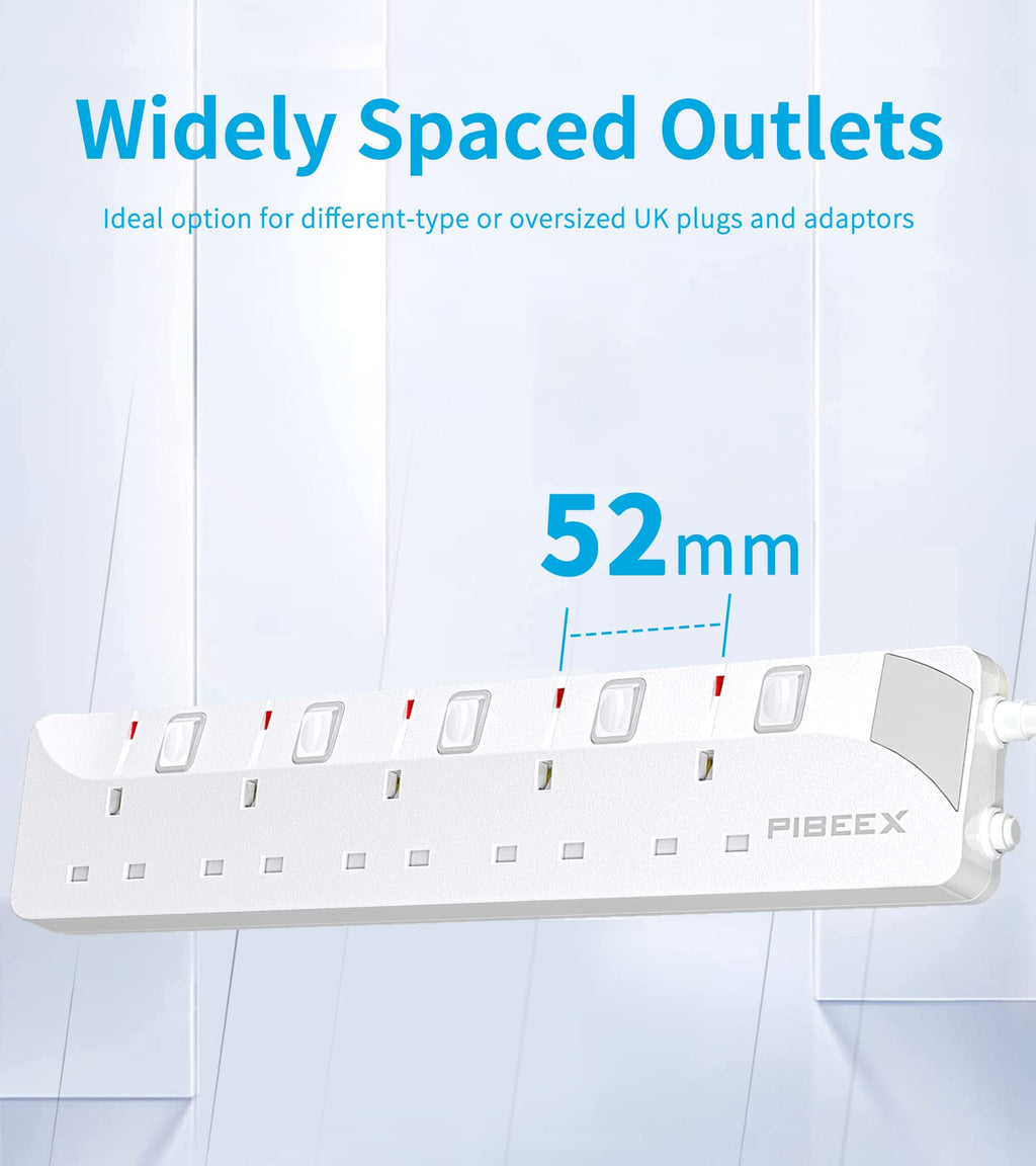 PIBEEX Extension Lead 2 Way Plug Sockets with Individual Switches Wall Mountable Power Strip 3M Extension Cable 13A Fused UK Plug 3250W