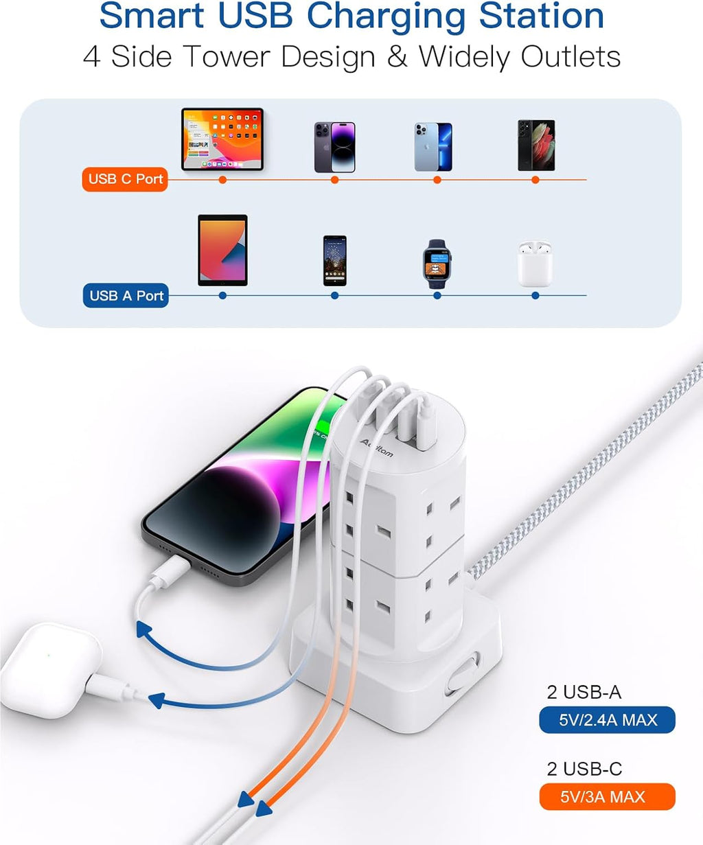 Tower Extension Lead with USB Slots, 8 Way Multi Plug Extension Tower &4USB