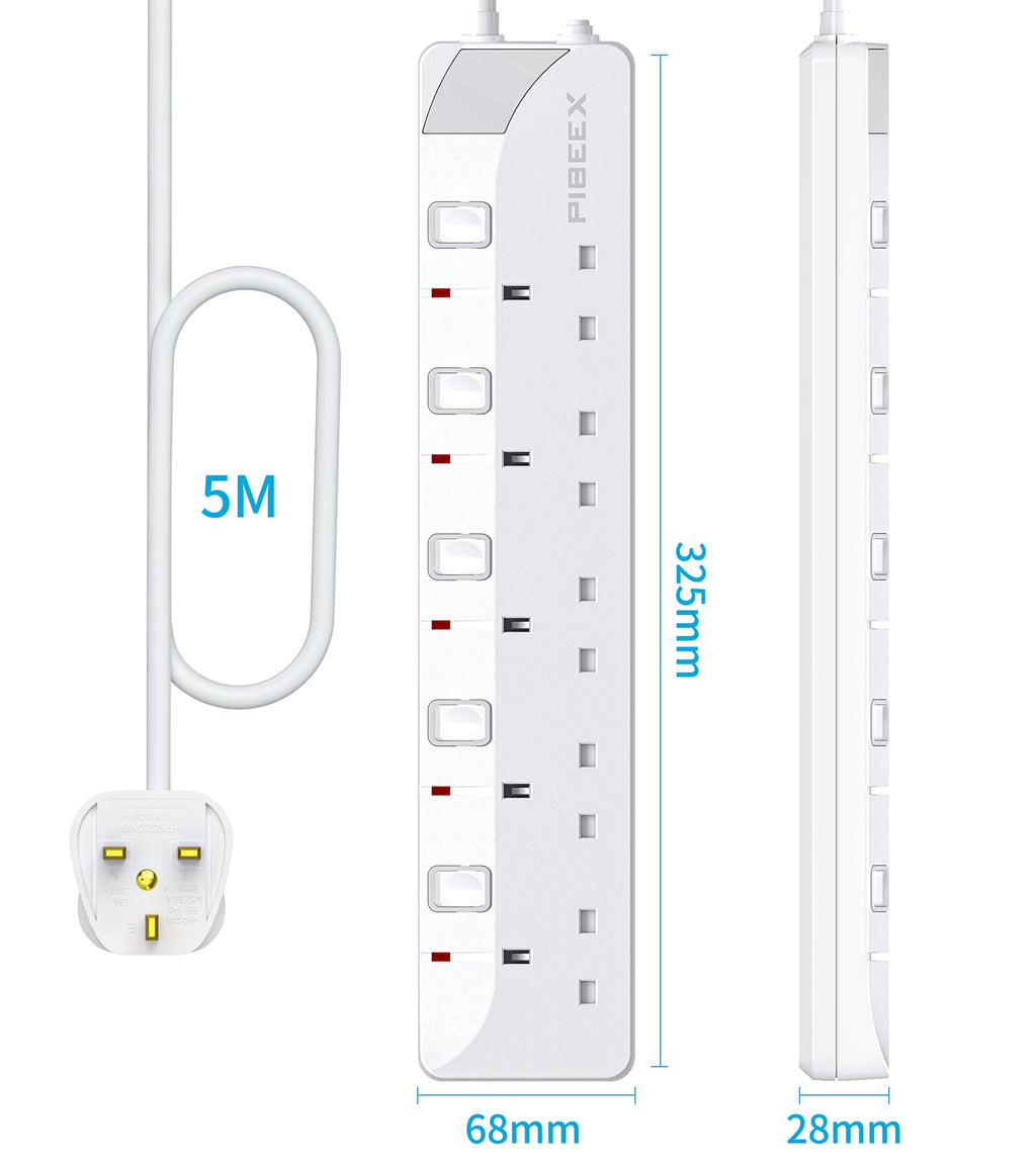 PIBEEX Extension Lead 2 Way Plug Sockets with Individual Switches Wall Mountable Power Strip 3M Extension Cable 13A Fused UK Plug 3250W