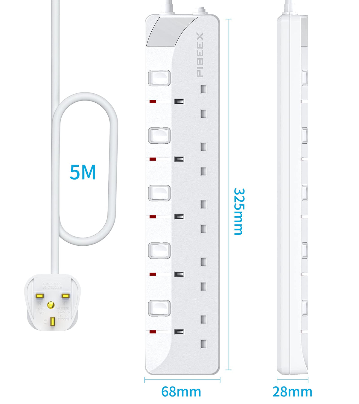 PIBEEX Extension Lead 2 Way Plug Sockets with Individual Switches Wall Mountable Power Strip 3M Extension Cable 13A Fused UK Plug 3250W