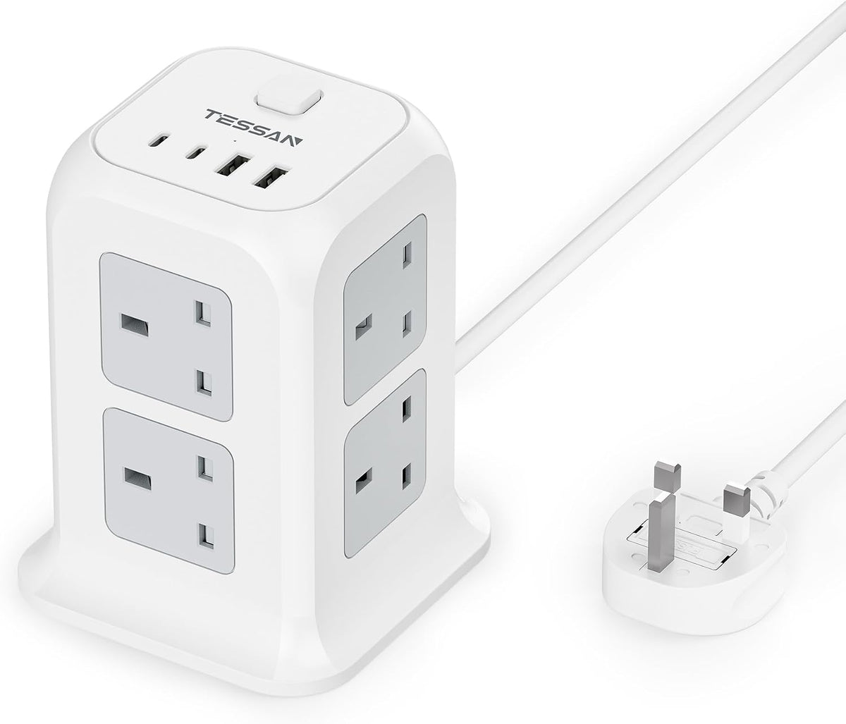 TESSAN 8 Way Tower Extension Lead 2M with 4 USB Slots (2 USB C)