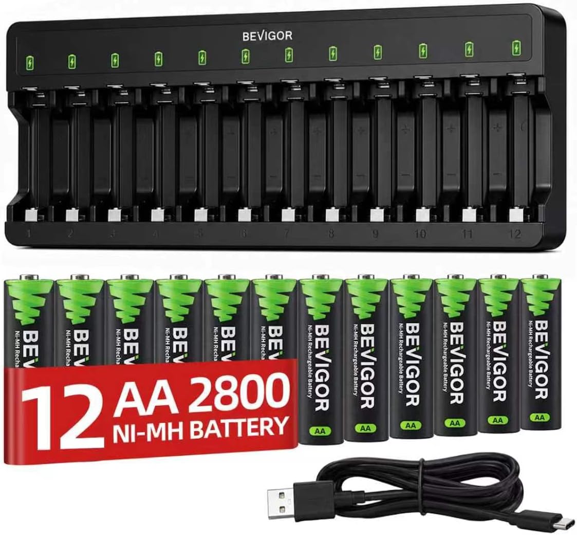BEVIGOR 12 Slot Battery Charger with 12 Pack AA Rechargeable Batteries