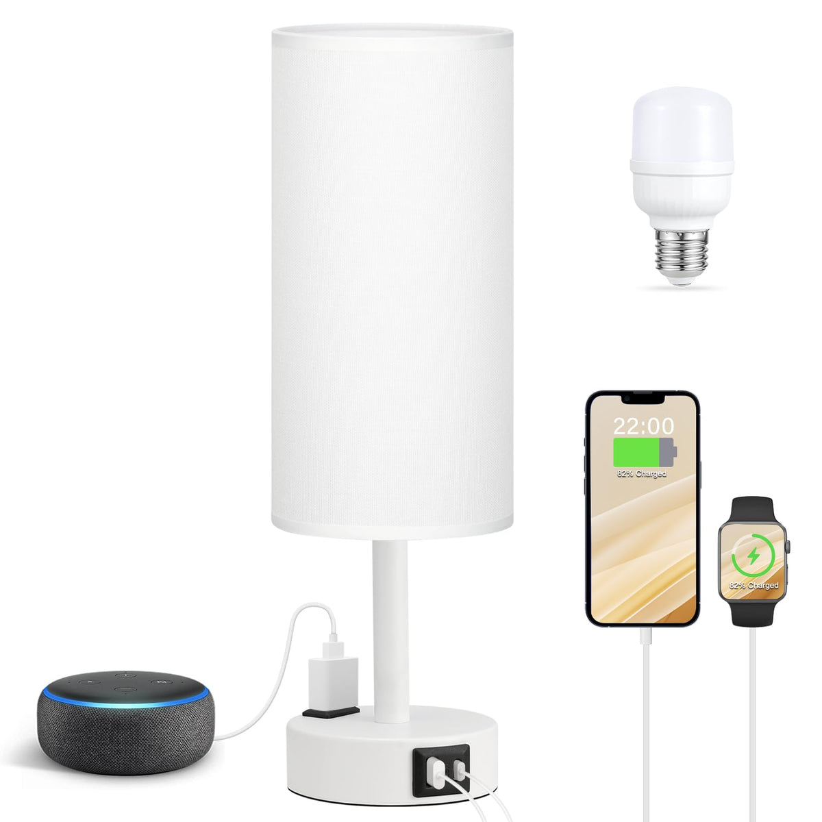 Fenmzee Bedside Table Lamp Set of 2 - Dimmable Touch, USB A+C, AC Outlet