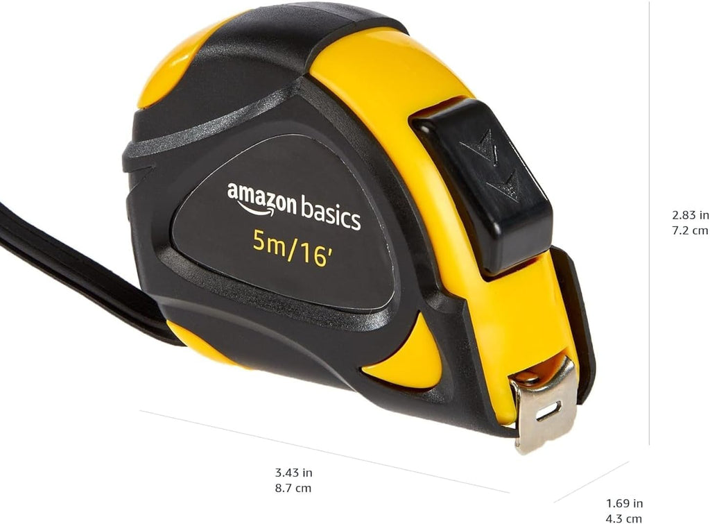 Amazon Basics Self-Locking Tape Measure with Metric Scale, MID Accuracy, 5 m (1-Pack), Black, Yellow