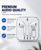 USB-C Wired Earphones with Microphone, In-Ear USB C Headphones, Stereo Earbuds with Mic, Wired Earphones for Samsung Galaxy, iPhone 15 Series, Google Pixel, iPad & USB-C Devices (1 Pack)