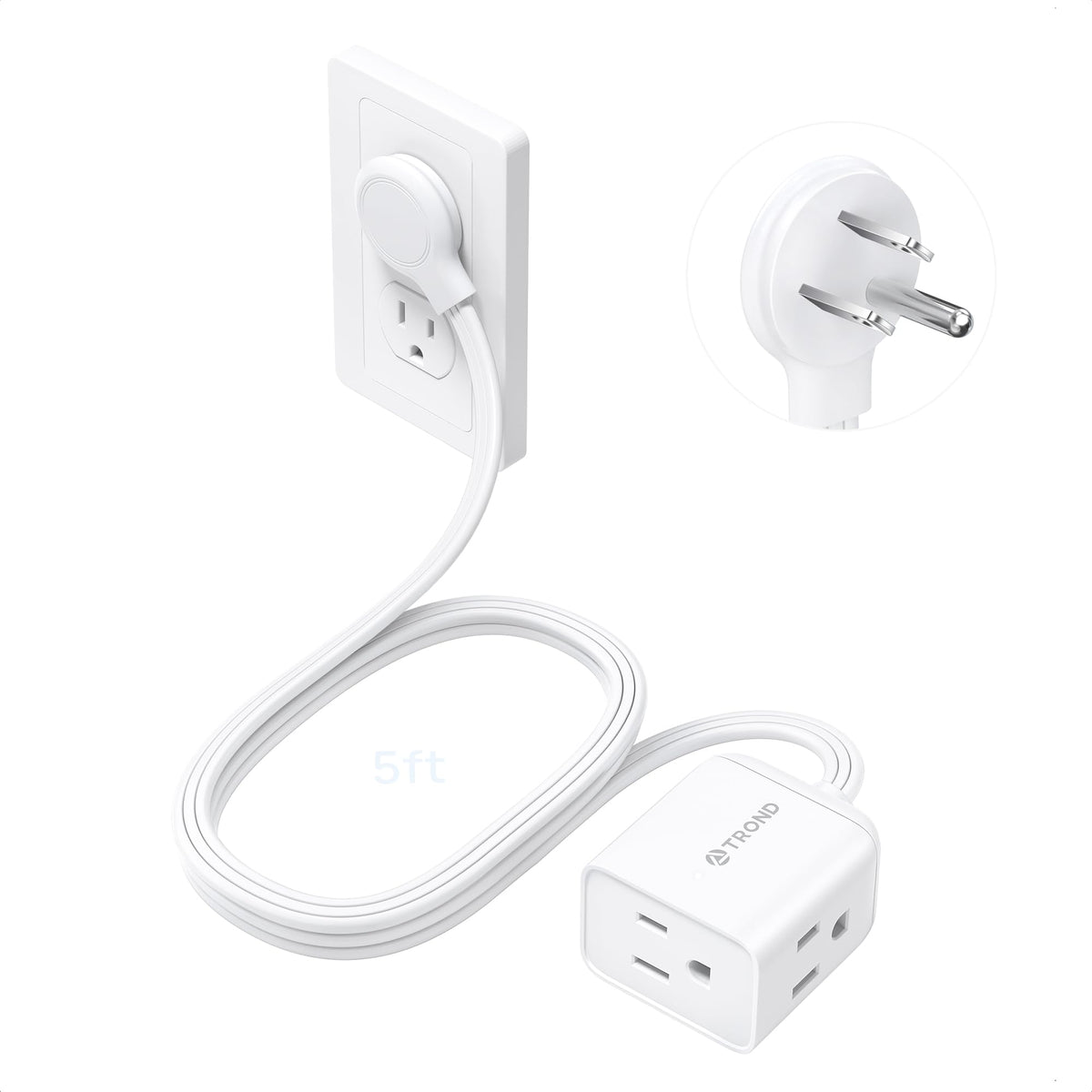 TROND Rightward Flat Plug Extension Cord 6ft for Small Tight Spaces, White
