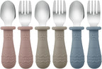PandaEar 6 Pack Toddler Cutlery Set| Baby Fork and Spoon Set| Stainless Steel Childrens Kids Cutlery| Baby Cutlery Self Feeding 12 Months Plus with Silicone Holding Anti-Choke Design (Blue/Brown/Red)