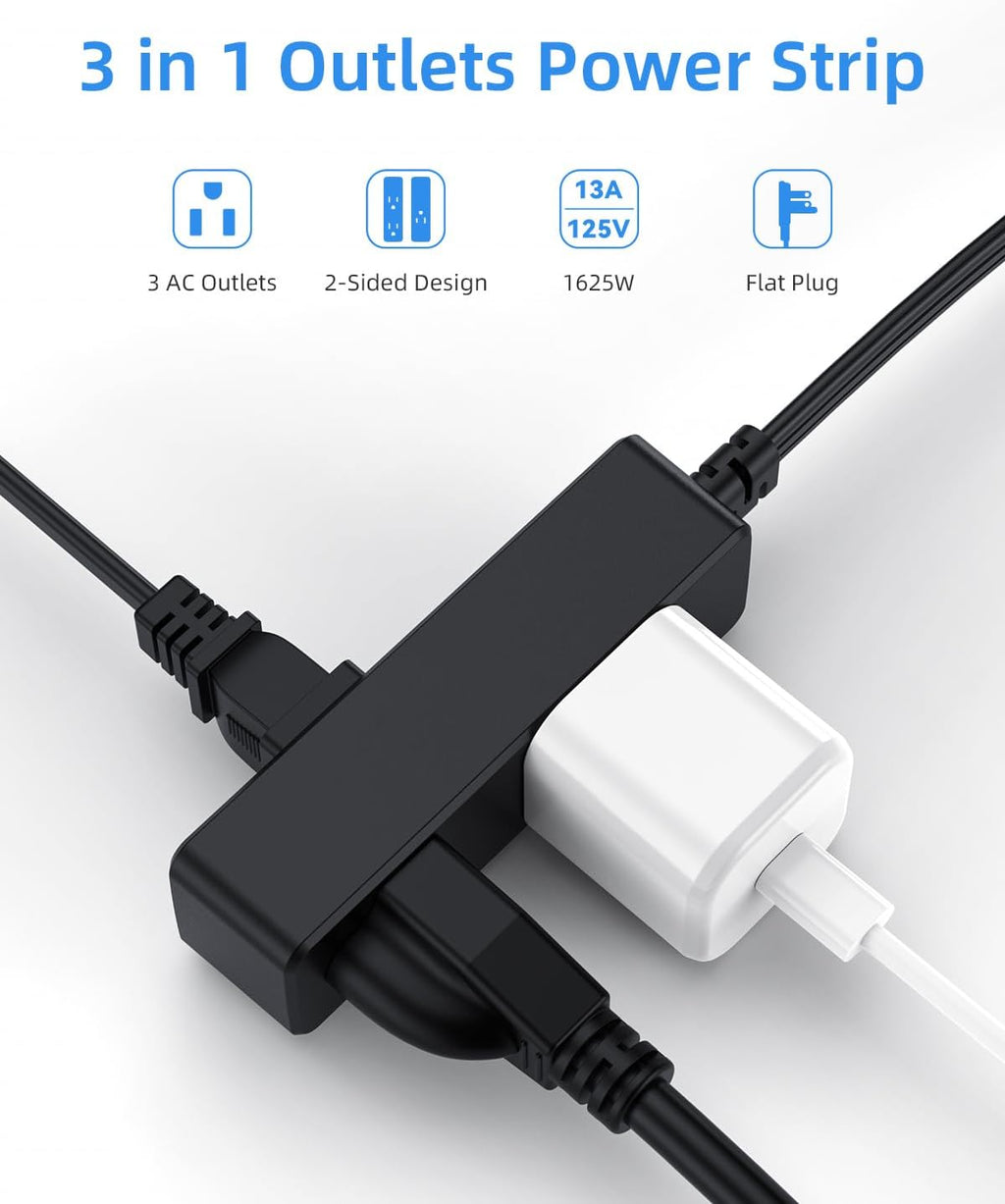 Flat Plug Extension Cord with 3 Outlets - 1Ft Low Profile Indoor 3 Prong Grounded Power Strip for Home Office & Travel - 16 AWG 13A/1625W, Black