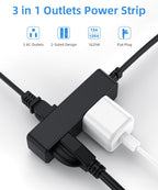 Flat Plug Extension Cord with 3 Outlets - 1Ft Low Profile Indoor 3 Prong Grounded Power Strip for Home Office & Travel - 16 AWG 13A/1625W, Black