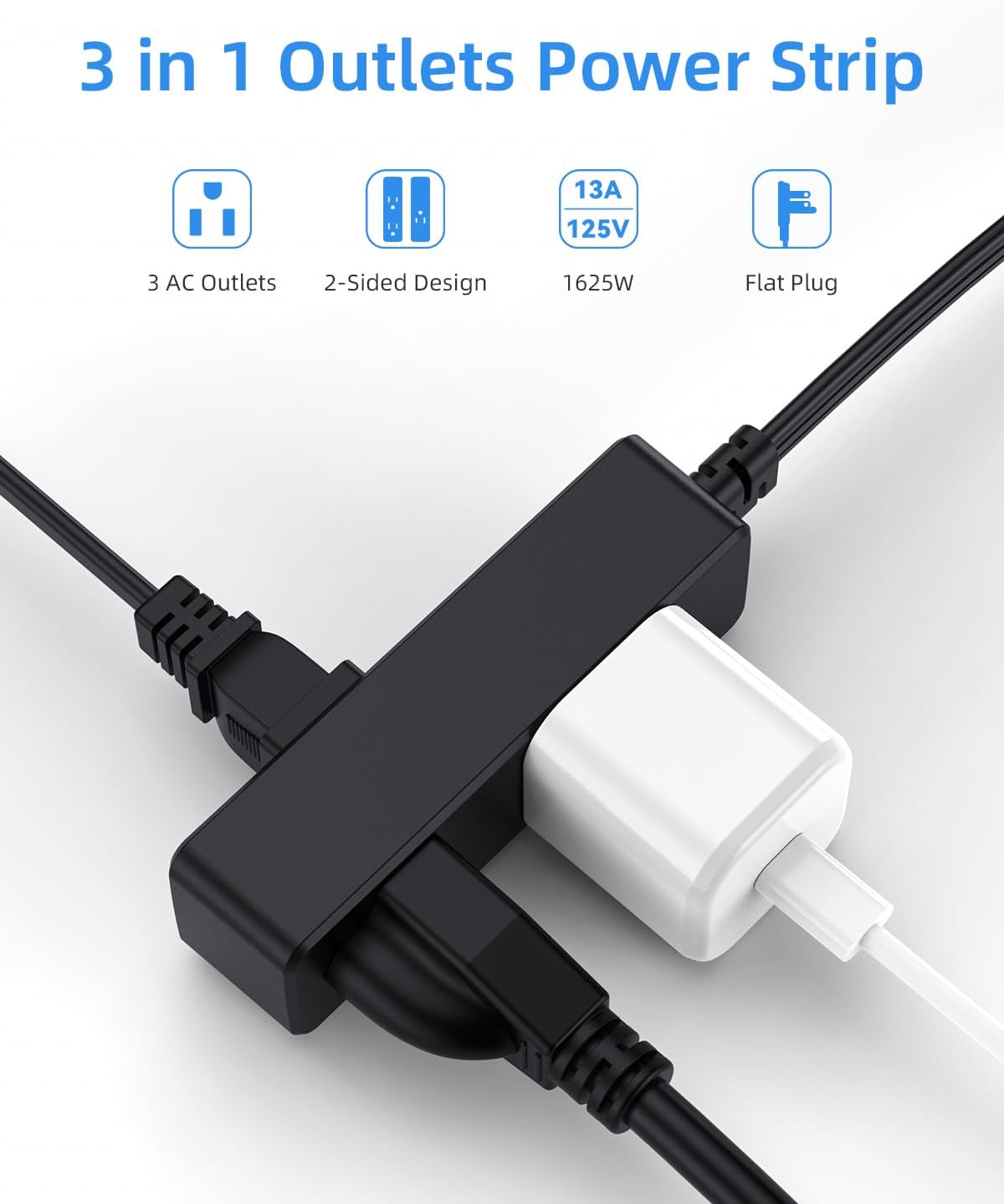 Flat Plug Extension Cord with 3 Outlets - 1Ft Low Profile Indoor 3 Prong Grounded Power Strip for Home Office & Travel - 16 AWG 13A/1625W, Black