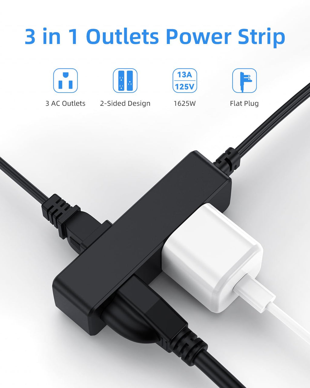 Flat Plug Extension Cord with 3 Outlets - 1Ft Low Profile Indoor 3 Prong Grounded Power Strip for Home Office & Travel - 16 AWG 13A/1625W, Black