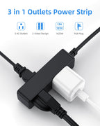 Flat Plug Extension Cord with 3 Outlets - 1Ft Low Profile Indoor 3 Prong Grounded Power Strip for Home Office & Travel - 16 AWG 13A/1625W, Black