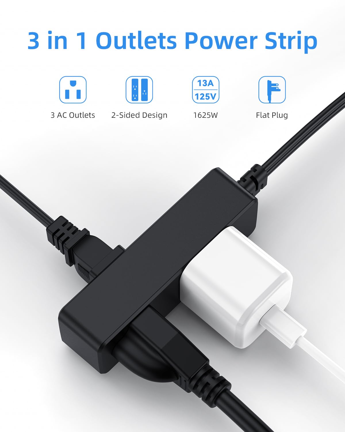 Flat Plug Extension Cord with 3 Outlets - 1Ft Low Profile Indoor 3 Prong Grounded Power Strip for Home Office & Travel - 16 AWG 13A/1625W, Black