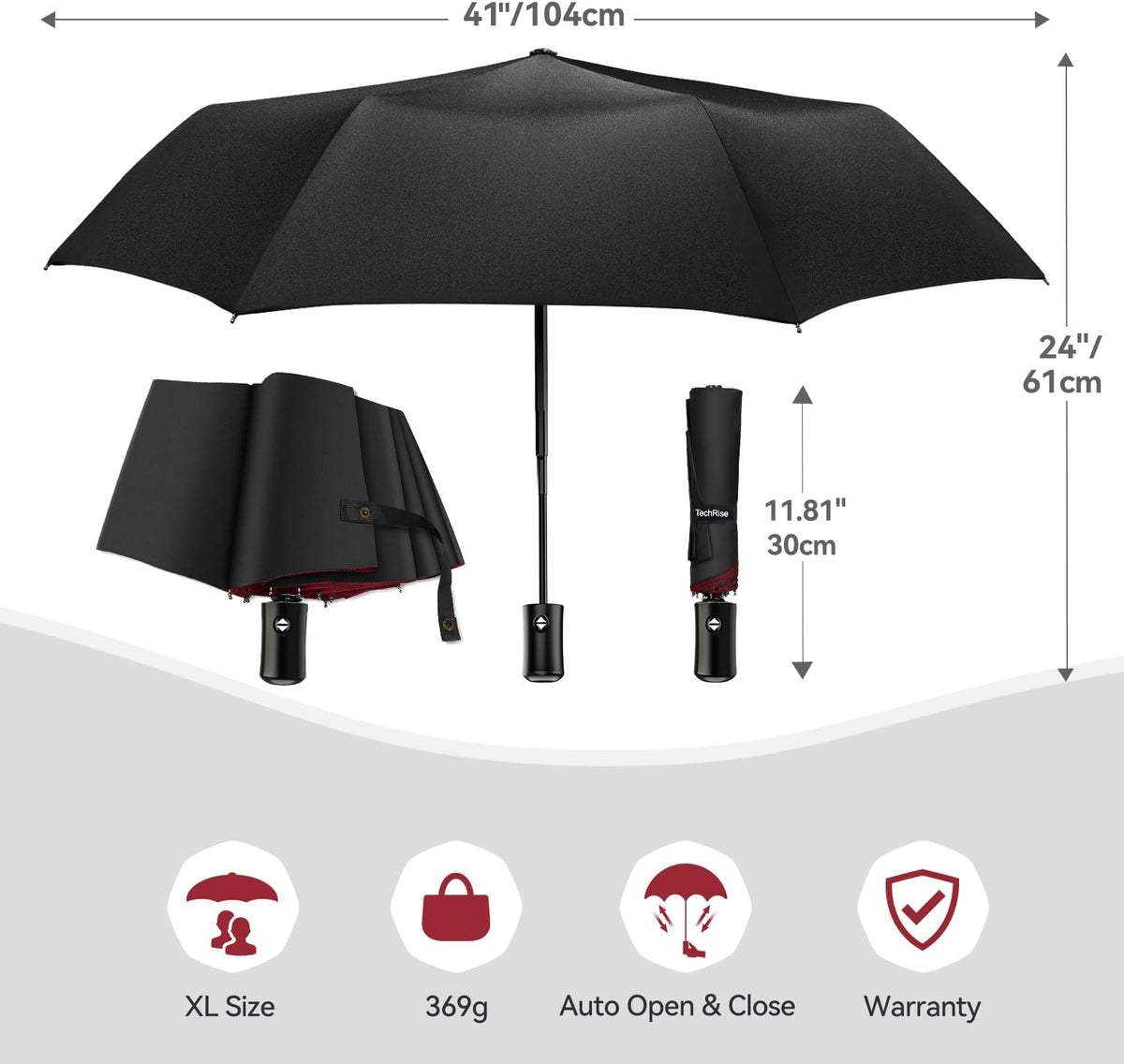 TechRise Umbrella, Compact Strong Windproof Automatic Umbrellas, Folding Lightweight, Portable Travel Golf Umbrella for Rain