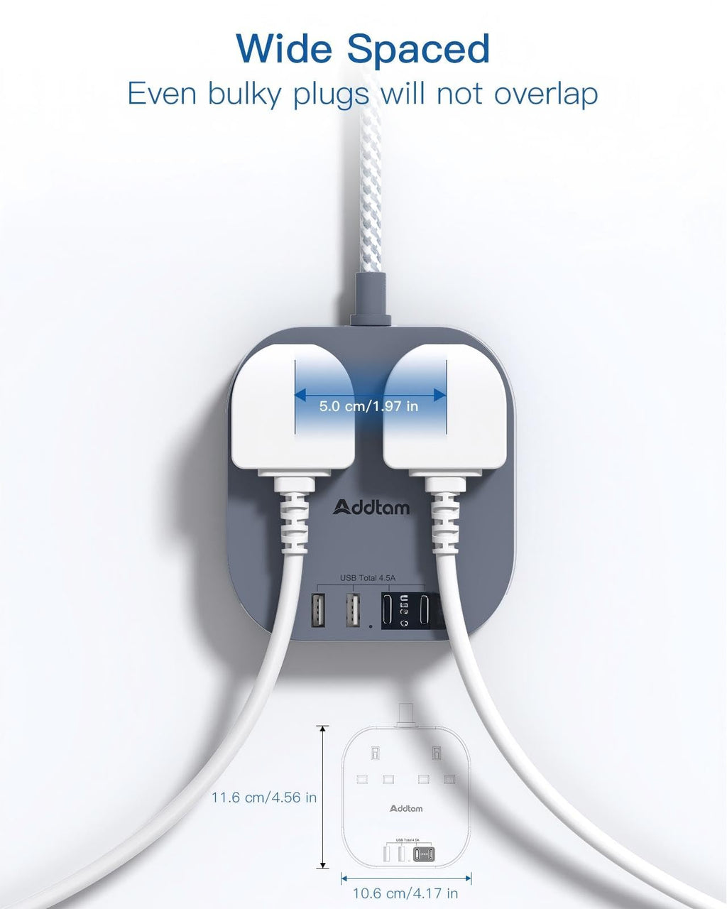 Extension Lead, Power Strips with 2 Way Outlets 4(4.5A, 2 Type C & 2 USB-A)