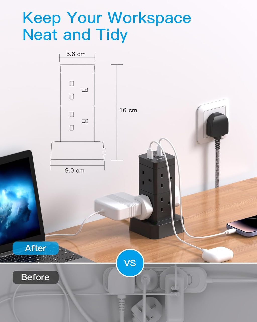 3M Tower Extension Lead with 2 USB C Slots, 8 Way Outlets Power Strip, 10Ft