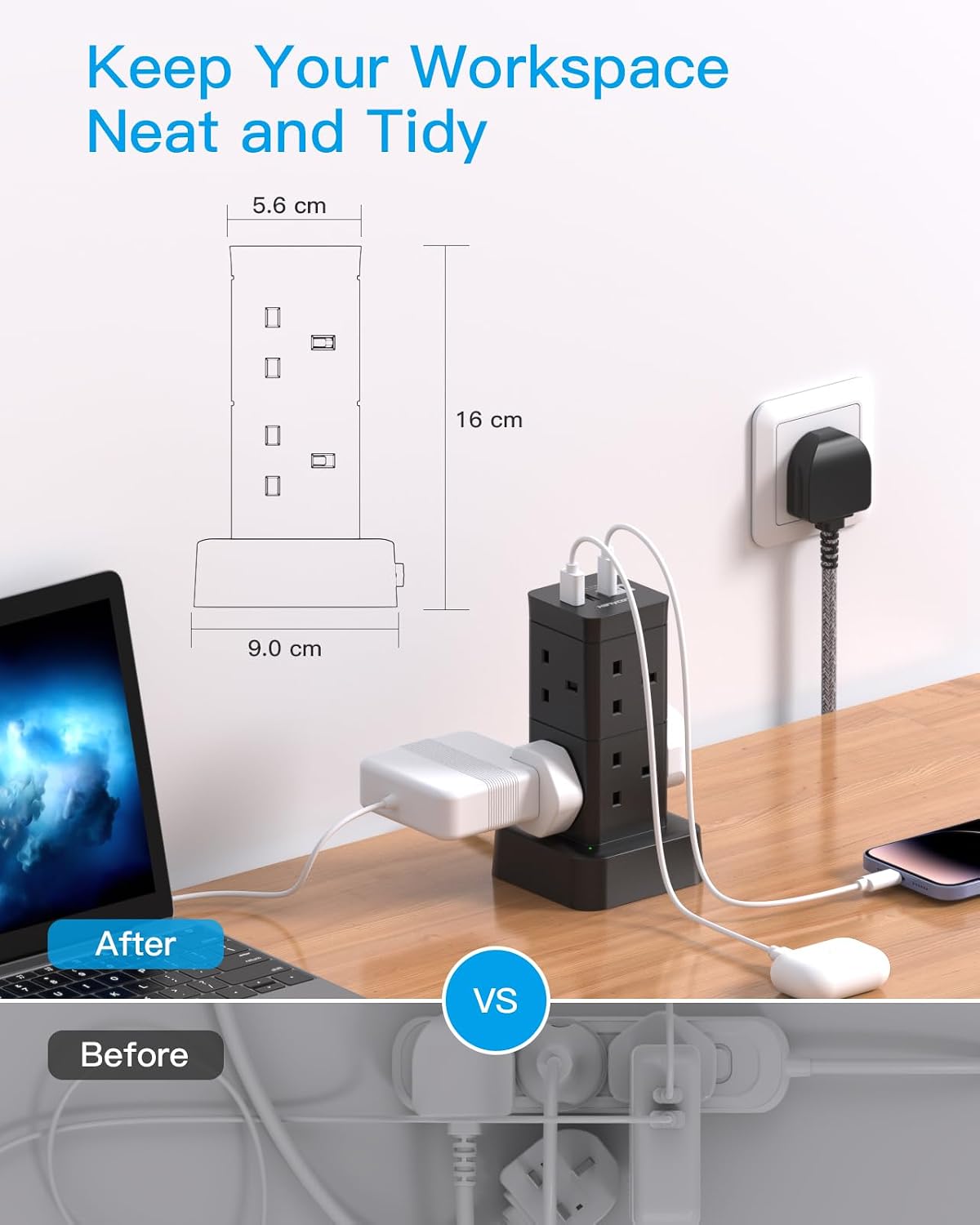 3M Tower Extension Lead with 2 USB C Slots, 8 Way Outlets Power Strip, 10Ft