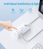 PIBEEX Extension Lead 2 Way Plug Sockets with Individual Switches Wall Mountable Power Strip 3M Extension Cable 13A Fused UK Plug 3250W