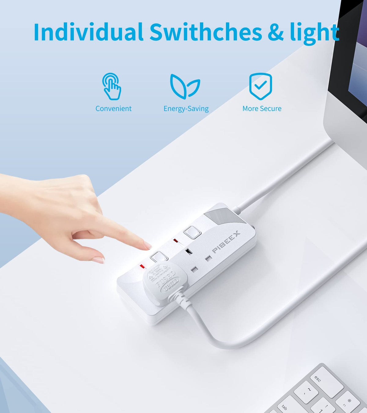 PIBEEX Extension Lead 2 Way Plug Sockets with Individual Switches Wall Mountable Power Strip 3M Extension Cable 13A Fused UK Plug 3250W