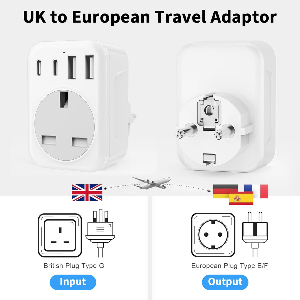 2 Pack UK To European Plug Adapter, 5 IN 1 European Travel Adaptor with 2 USB C & 2 USB A, EU Plug Adapter for Germany Spain France Turkey Greece etc (Type E/F)