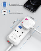 Mscien 5M Extension Lead 2 Way Plug Sockets with Individual Switches Overload Protected Power Strip Wall Mountable 5 Metre Long Extension Cable