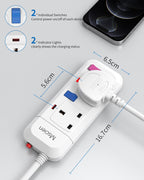 Mscien 5M Extension Lead 2 Way Plug Sockets with Individual Switches Overload Protected Power Strip Wall Mountable 5 Metre Long Extension Cable
