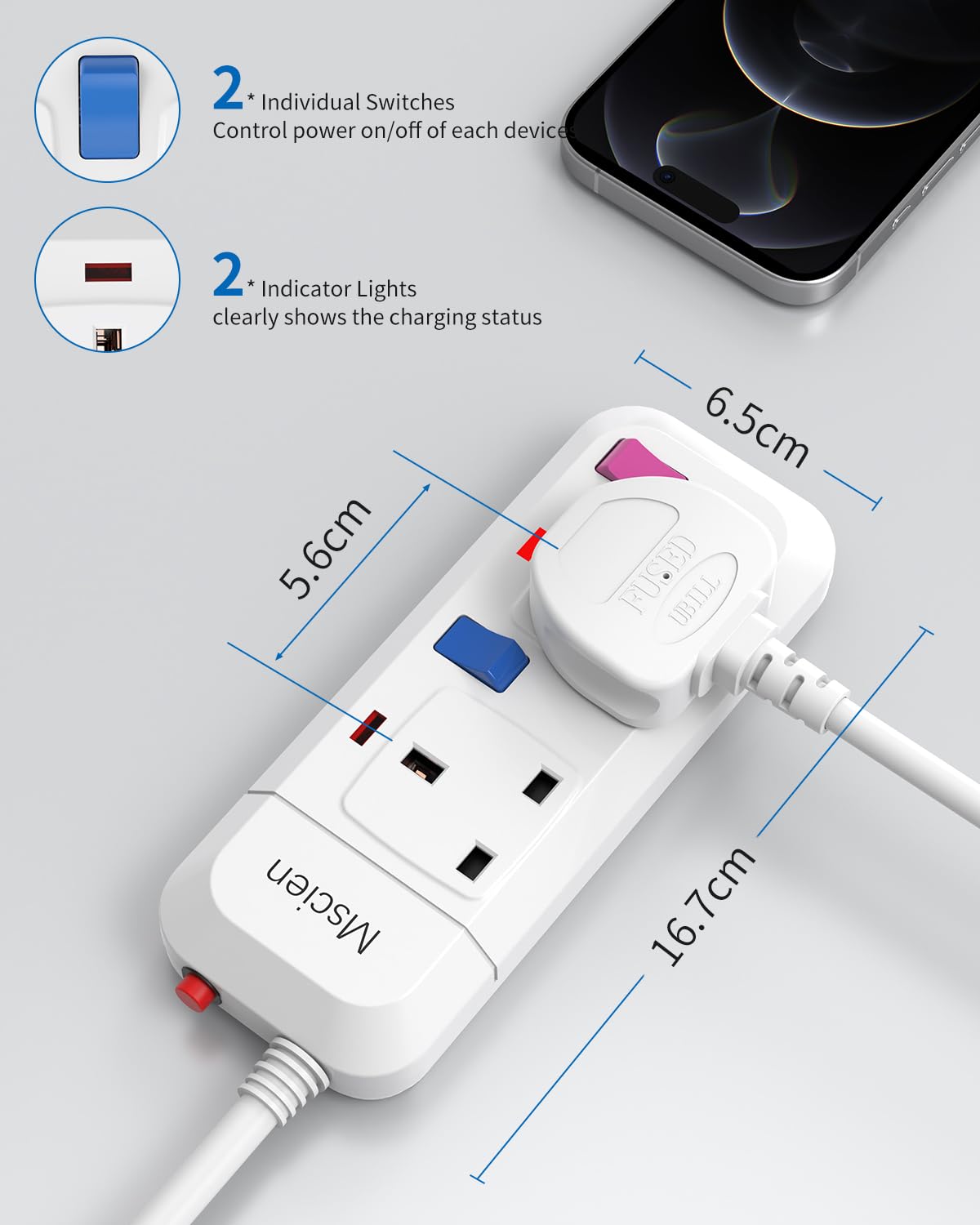 Mscien 5M Extension Lead 2 Way Plug Sockets with Individual Switches Overload Protected Power Strip Wall Mountable 5 Metre Long Extension Cable