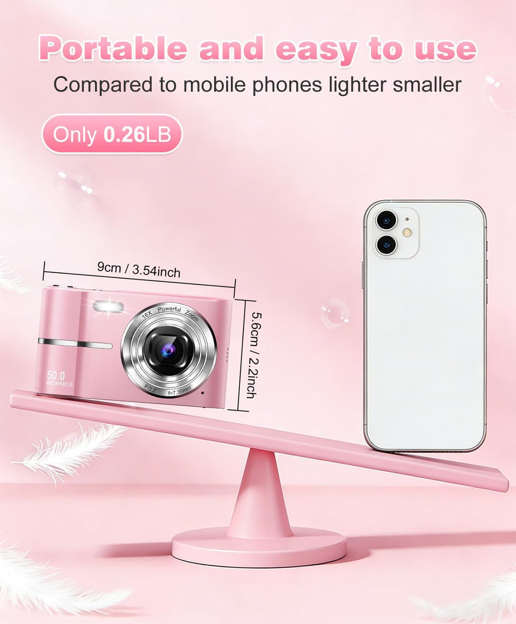 Digital Camera, 1080P FHD Vlogging Camera 50MP Compact Portable Photo Camera with 2.4" Screen, 16X Digital Zoom Mini Small Pocket Camera for Kids Students with 1 Battery, 16GB Card (Pink)